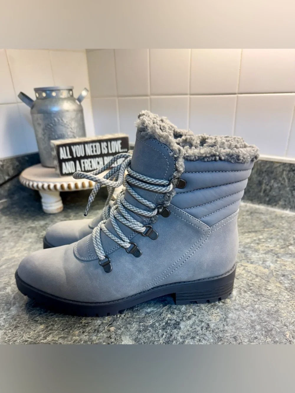 BareTraps Light Gray Faux-Sherpa Lace-Up Winter Boots 7